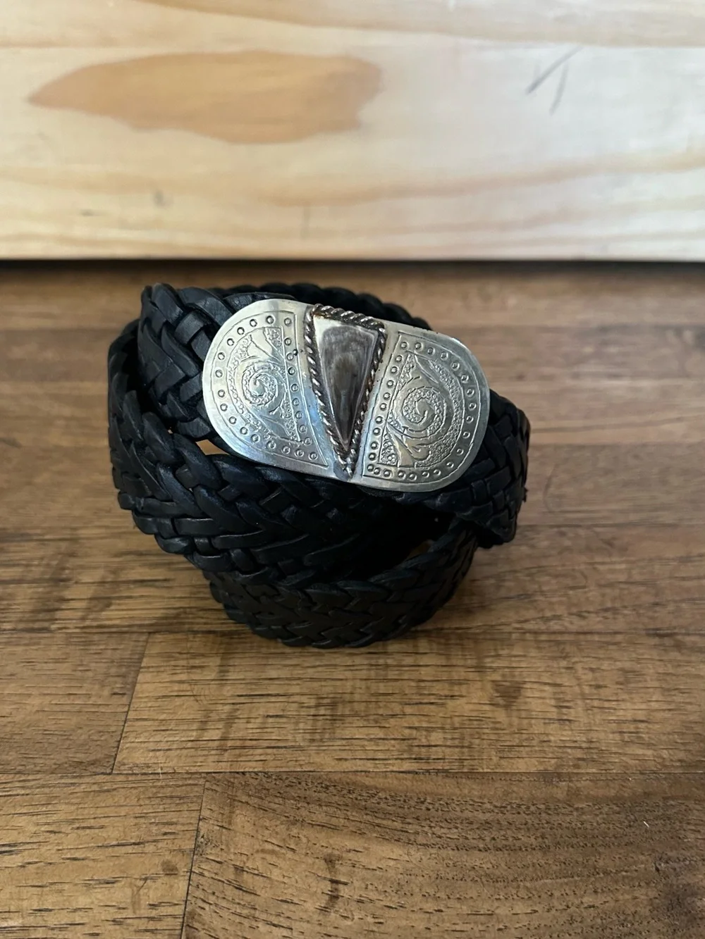 Woven Black Leather Belt with Decorative Silver-Tone Buckle